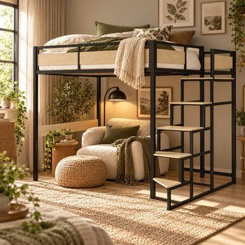 Cama alta con somier y escalera reversible en metal negro y melamina imitación roble - superficie de descanso 140 x 190 cm - MONTANA
