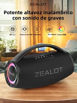 ZEALOT S97 Altavoz Bluetooth Portátil de 80W, Alta Potencia, Resistente al Agua, 16000mAh, Subwoofer Inalámbrico TWS, Compatible con USB/TF/AUX, Luz RGB