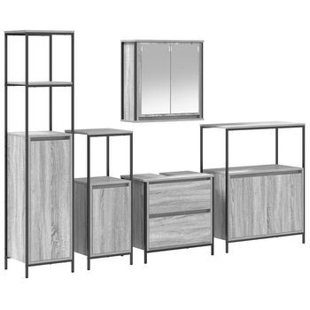 Juego De Muebles De Baño | Armario De Baño 5 Piezas Gris Madera De Ingeniería