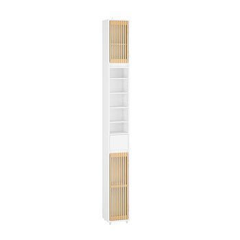Sobuy Armario De Baño Con 6 Estantes Ajustables, Cajón Y Puertas De Bambú, Blanco