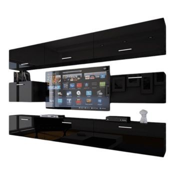 Conjunto De Muebles De Sala Colgantes Negros Colección Cepto Vii 249cm, 8 Puertas