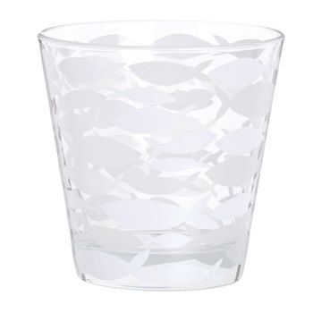 Vaso de vidrio con estampado de peces blancos