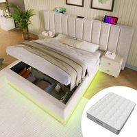cama canape 180x200 cm con cabecero grande - leds  carga usb y tipo c - tejido de lino - sin mesita de noche - beige con colchon
