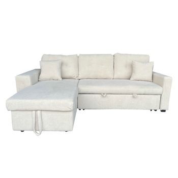 Sofá Esquinero Cama De 4 Plazas Con Baúl De Terciopelo Beige Glasgow