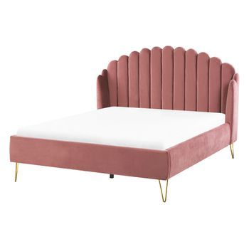 Cama Con Somier De Terciopelo Rosa 140 X 200 Cm Patas De Metal Cabecero Retro Capitoné Ambillou