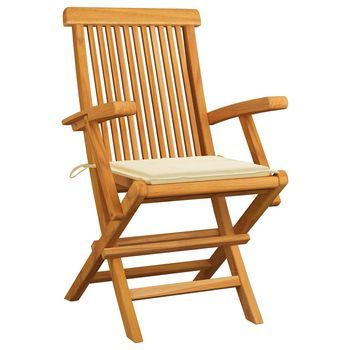 Pack 3 Uds Sillas De Jardín | Silla De Exterior | Sillón Madera Teca Con Cojines Color Crema