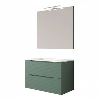 Kibath Mueble De Baño Con Lavabo, Espejo Y Aplique Led Boreal 100x45 Cm Acabado Verde Lago Mate 2 Cajones Suspendido