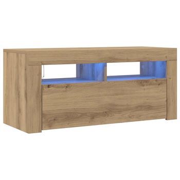 Mueble Tv | Mueble De Salón | Mesa De Tv Luces Led Madera Roble Artisan 90x35x40 Cm