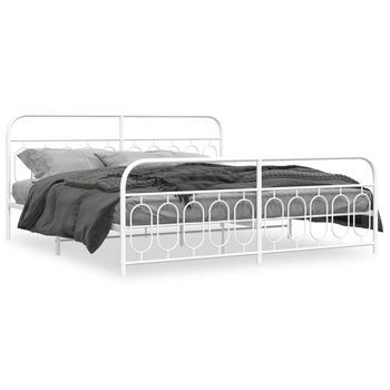 Cama Doble | Cama Para Adultos | Estructura Cama Metal Con Cabecero Y Estribo Blanco 200x200 Cm