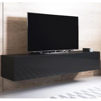 Mueble Tv Colgante | Mueble De Televisión | Mueble De Salón | 1 Puerta 3 Compartimentos | 160x30x40cm | Modelo Luke H2 | Negro Acabado En Brillo