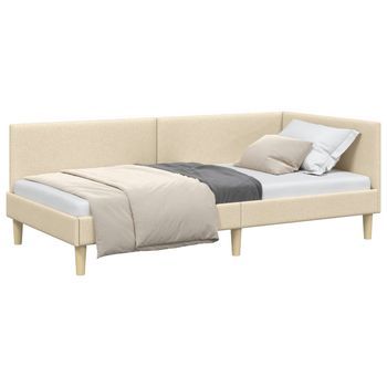 Cama Individual | Cama Para Adulto | Estructura De Cama En Esquina Con Cabecera Crema 90 Cm X 200 Cm