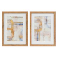 lote de 2 cuadros abstractos marco simil madera dorado y azul 40x30 cm