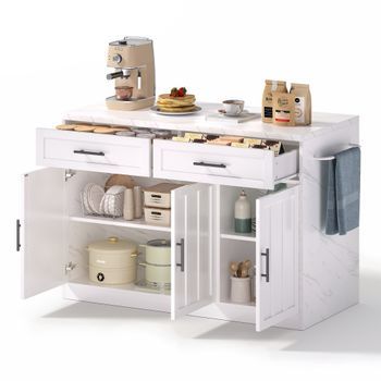 Isla De Cocina Con Barra, Enchufes Y Puertos Usb, Encimera Efecto Mármol, 120x60x91cm, Mdf, Blanco
