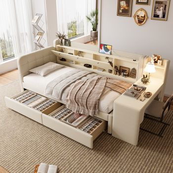 Cama Tapizada 90x200 Cm Con Escritorio, 2 Cajones Y Compartimentos, Sofá Cama - Tejido De Lino - Tomas Usb + Tipo C - Beige (sin Colchón)