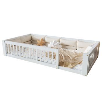 Cama Con Plataforma, 90x200 Cm, Barandilla Lateral, Almohadas, Blanca