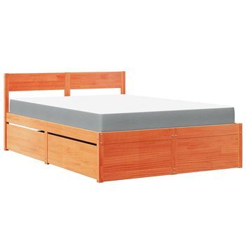 Cama Con Cajones Y Colchón Madera Pino Marrón Cera 140x190 Cm
