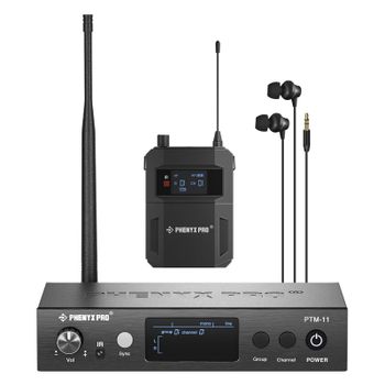 Sistema de monitores inalámbricos UHF para uso intraauricular, con una salida en bucle y salidas independientes, ideal para bandas y estudios. Modelo Phenyx Pro PTM-11, 500 MHz.