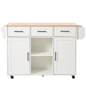 Carrito De Cocina Blanco Con Ruedas, Isla De Cocina Con Encimera Plegable, Encimera Con Vetas De Madera, 139x71x91.5cm, Mdf
