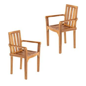 Pack 2 Sillones Para Terraza Apilables, Madera Teca Grado A, Medidas 61x50x88 Cm, Tratamiento Al Agua Aplicado, Sillas De Teka Para Comedor, Silla De Terraza