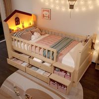 cama infantil 90x200 cm con 4 cajones y peldanos - pino  mdf  contrachapado - leds - natural colchon no incluido