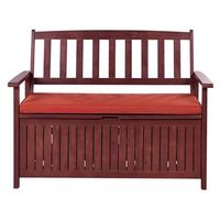 banco de jardin con almacenaje de madera maciza de acacia 2 plazas 120 cm rojo oscuro con cojin rojo sovana