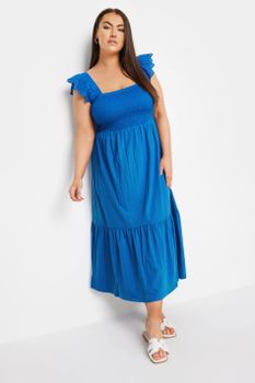 Yours Vestido Azul Nido De Abeja Con Volantes En Hombros, Mujer Curvy Y Tallas Grandes, Yours