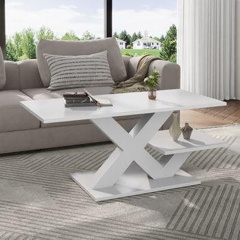 Mesa De Centro Blanca Rectangular De 100 X 48 X 45 Cm Con Doble Tablero Y Acabado Brillante