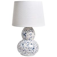 lampara de mesa moderna base de ceramica pantalla de lino forma cilindrica lunares azules acabado brillante blanco macal