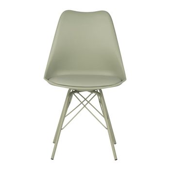 Silla con asiento en polipropileno color menta y patas de metal.