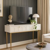mueble de tv blanco y dorado con cajones de diseno contemporaneo