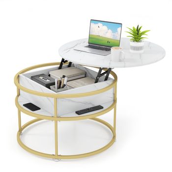 Costway Mesa de Centro Elevable Mesa de Café Redonda de 80 cm con Compartimento Oculto y Estantes Laterales Blanco