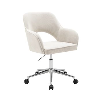 Silla de oficina de pana fina con ruedas y base cromada, blanco roto