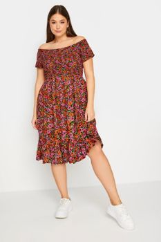 Yours Vestido Bardot De Flores Rosas Y Naranjas, Mujer Curvy Y Tallas Grandes, Yours