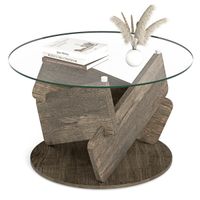 costway mesa de cafe redonda de vidrio mesa de centro moderna de 81 cm con tapa de vidrio templado transparente patas de madera solida mesa gris