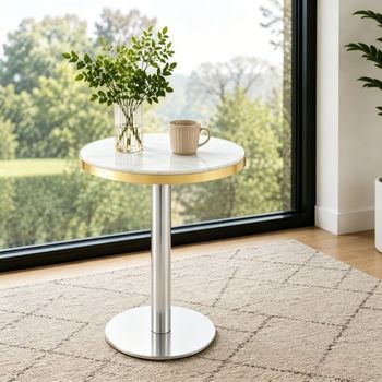 Mesa Auxiliar Redonda - Mueble Para Salón - Mdf Y Metal - Blanco Y Dorado (60x60x74cm)