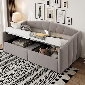 Cama Canapé Acolchada Clásica A Rayas Con Almacenamiento Hidráulico, Somier De Lamas Y Reposabrazos, Terciopelo Gris Claro 90x200 Cm