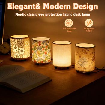 1 lámpara de escritorio minimalista de tela estampada, alimentada por USB, luz cálida monocromática. Adecuado para iluminación decorativa en dormitorios