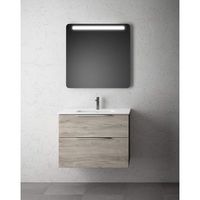 mueble de bano suspendido con lavabo ceramico  2 cajones con cierre amortiguado y organizador  100 cm - pino gris - cromo brillo