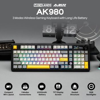 Teclado Mecánico Inalámbrico Personalizable AJAZZ AK980 V2 de Tres Modos con Intercambio en Caliente, para Esports y Gaming, con Letras Laterales, Cableado e Inalámbrico
