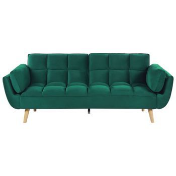 Sofá Cama Tapizado En Tela De Terciopelo Verde 3 Plazas Patas De Madera Relleno De Espuma Espalda Dividida Relleno De Galleta Asby