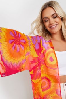 Yours Kimono Playero Naranja De Flores, Mujer Curvy Y Tallas Grandes, Yours