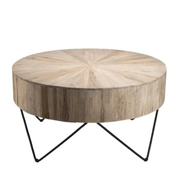 Mesa de centro redonda de madera de teca y patas de metal negro d90