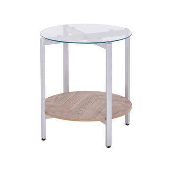 Mesa Auxiliar Moderna Tablero De Vidrio Templado Estructura De Metal 1 Estante Madera Clara Plateado Lovell