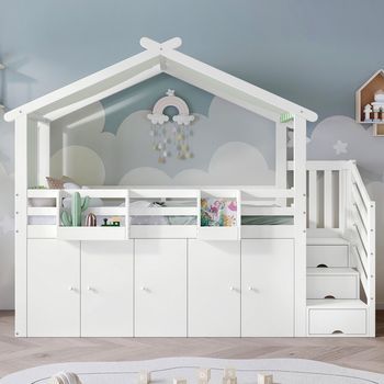 Cama Litera Infantil 90x200 Cm Blanco/verde A Rayas Con Barrera, Armario, Casilleros Y Escalera Con Almacenamiento, Pino Y Mdf.