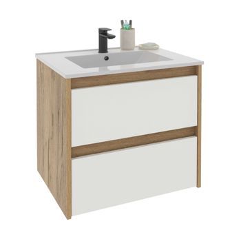Mueble De Baño Suspendido Nilo 60 2 Cajones En Colores Blanco Y Roble Kraft 59,5x60x45,5 Cm