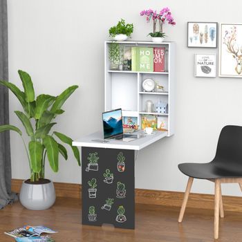 Escritorio Plegable De Pared De 60 × 94,5 × 147 Cm Con Pizarra Y 6 Estantes, Blanco Y Negro