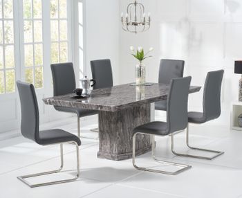 Carvelle 200cm Dark Grey Pedestal Marble Dining Table with Malaga Chairs