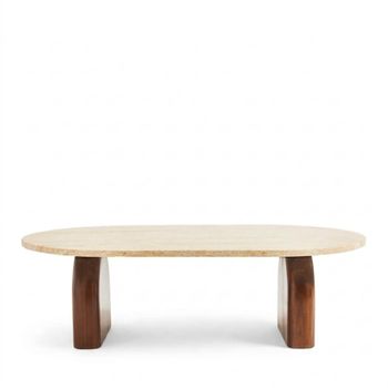 Mesa baja de efecto travertino y madera 100x60cm - beige