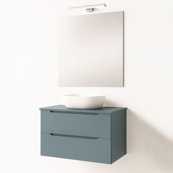 Kibath Mueble De Baño Con Lavabo, Espejo Y Aplique Led Boreal 80x45 Cm Sobre Encimera Acabado Azul Oceano Mate 2 Cajones Suspendido