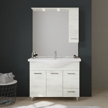 Mueble De Baño De Suelo De 105 Cm En Roble Blanco Con 3 Puertas, Cajón, Espejo Y Armario Colgante De La Serie Rimini.